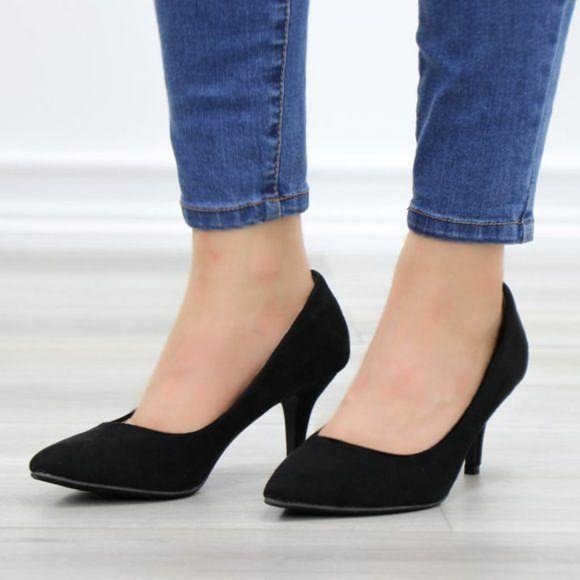 Black Suede Pointy Toe Kitten Low Heel Pumps - Picture 12 of 13